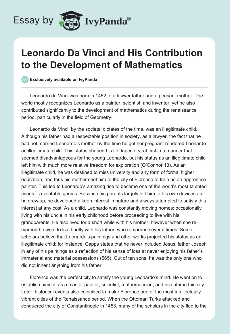 Leonardo Da Vinci and His Contribution to the Development of Mathematics. Page 1