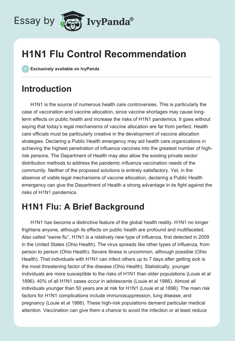 H1N1 Flu Control Recommendation. Page 1