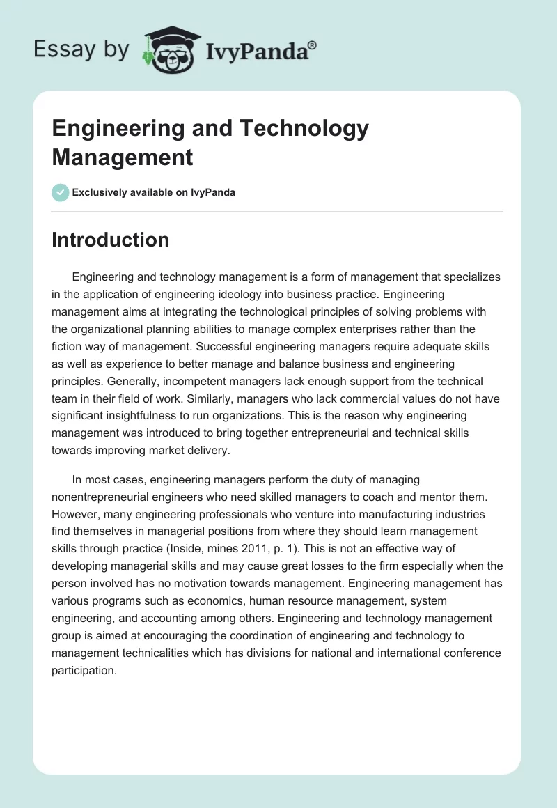 Engineering and Technology Management - 875 Words | Essay Example