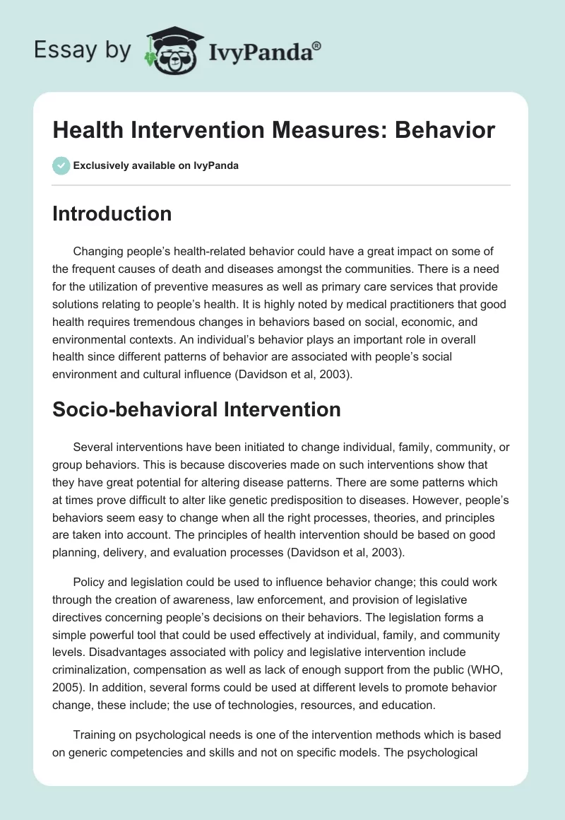 Health Intervention Measures: Behavior. Page 1
