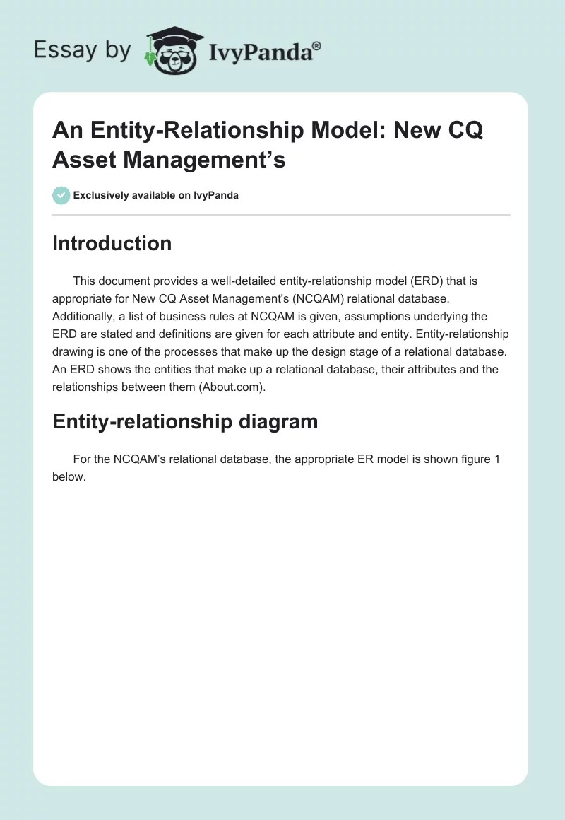 An Entity-Relationship Model: New CQ Asset Management’s. Page 1