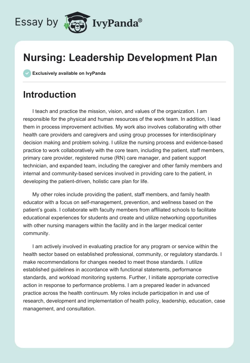 Nursing: Leadership Development Plan. Page 1