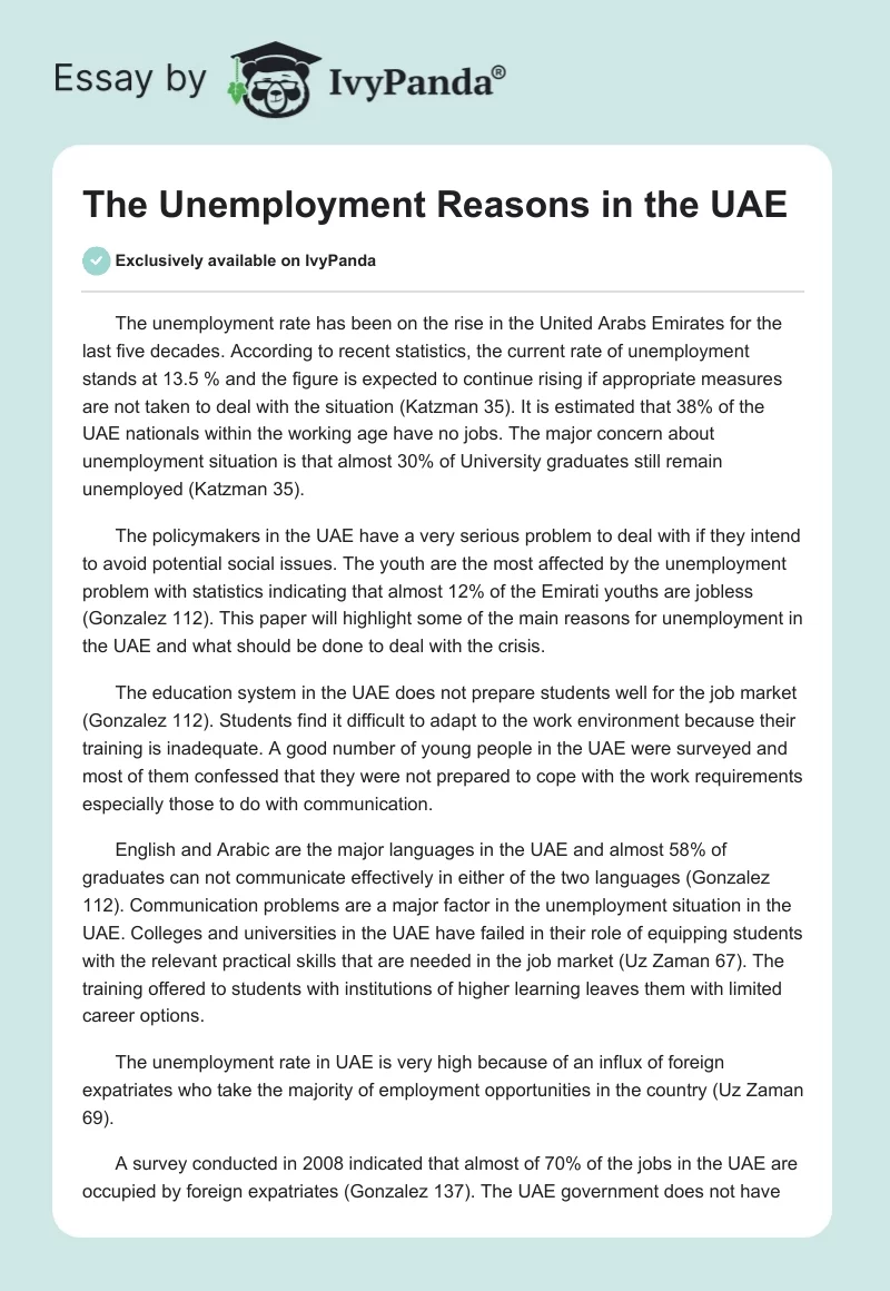 The Unemployment Reasons in the UAE. Page 1