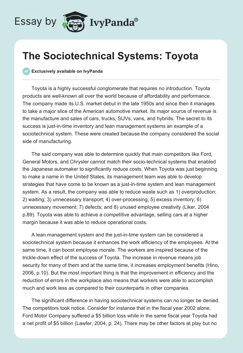 The Sociotechnical Systems: Toyota. Page 1