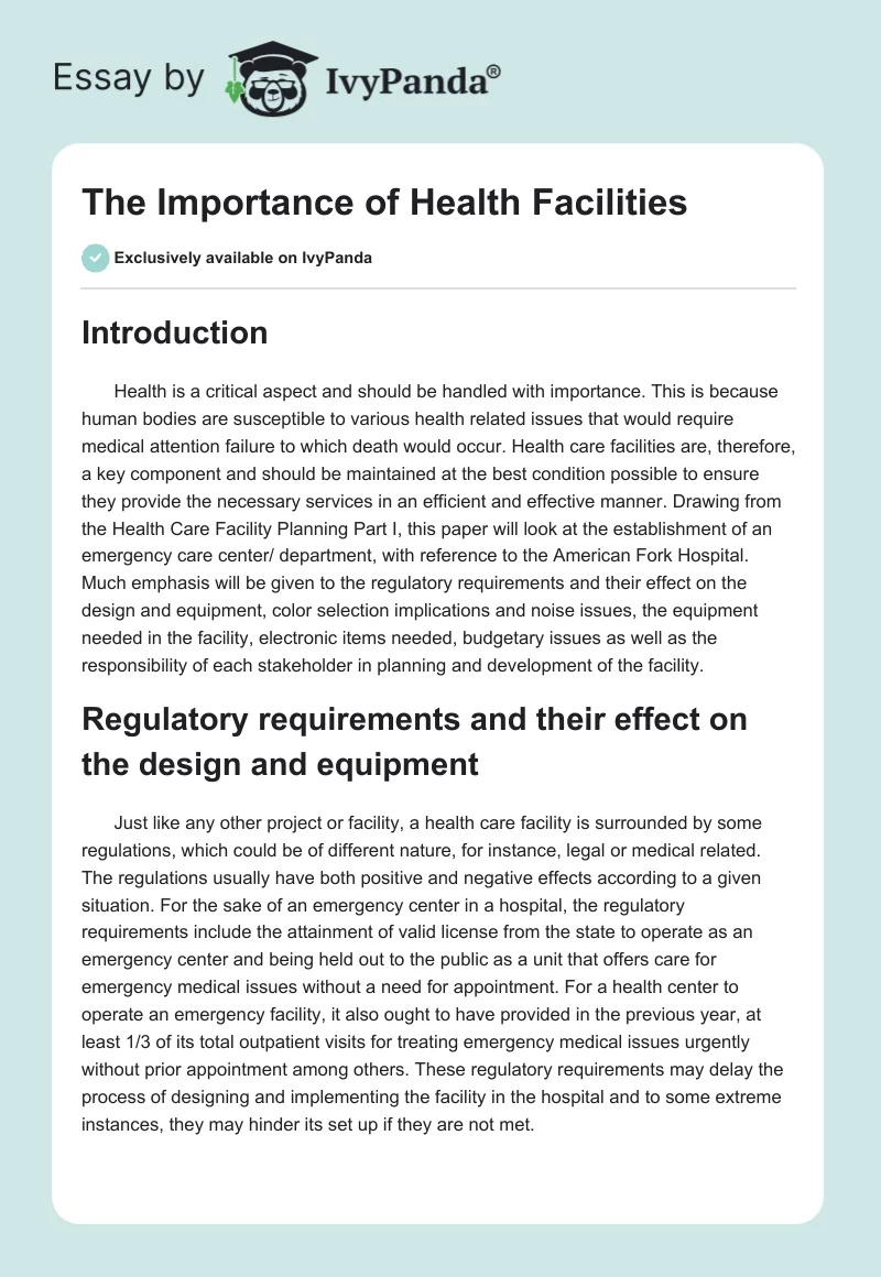 The Importance of Health Facilities. Page 1