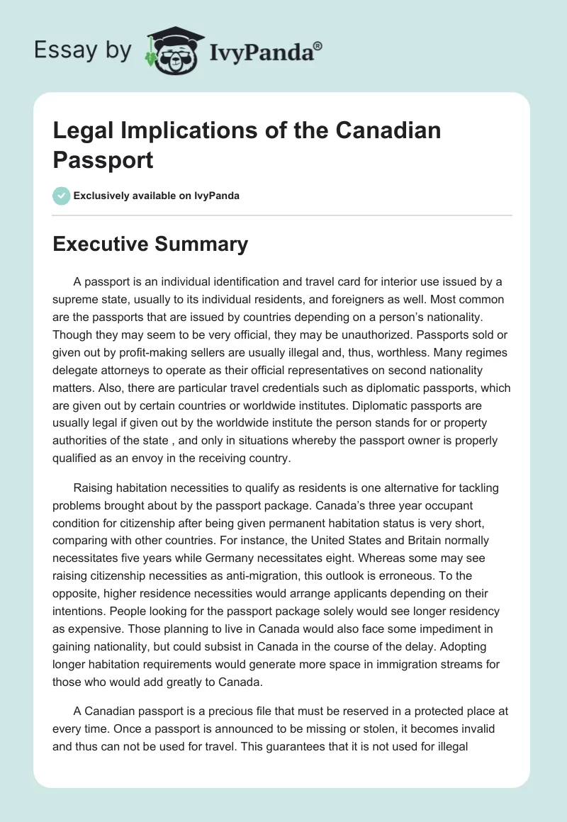 Legal Implications of the Canadian Passport. Page 1