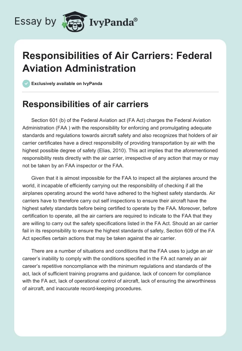 Responsibilities of Air Carriers: Federal Aviation Administration. Page 1