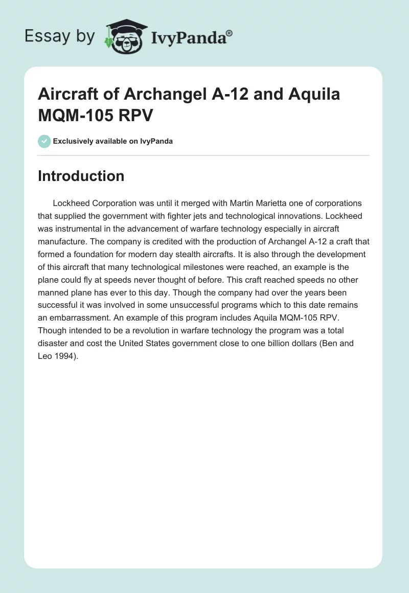 Aircraft of Archangel A-12 and Aquila MQM-105 RPV. Page 1