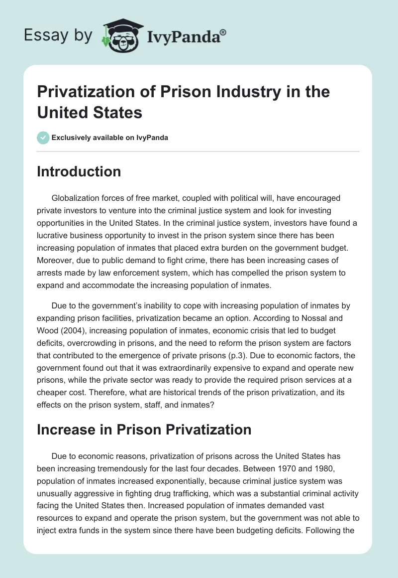 Privatization of Prison Industry in the United States. Page 1