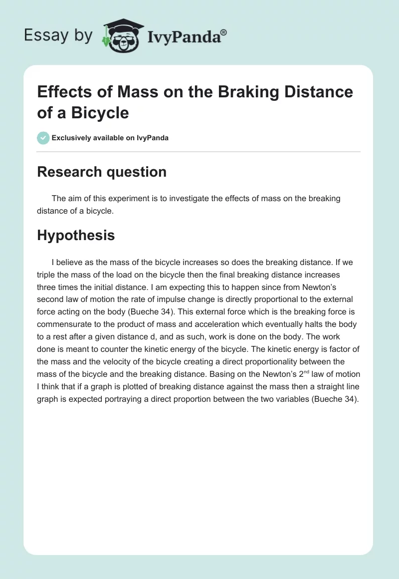 Effects of Mass on the Braking Distance of a Bicycle. Page 1