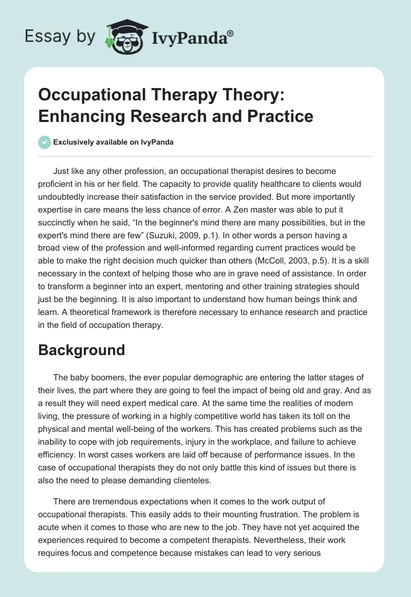 Occupational Therapy Theory: Enhancing Research and Practice. Page 1