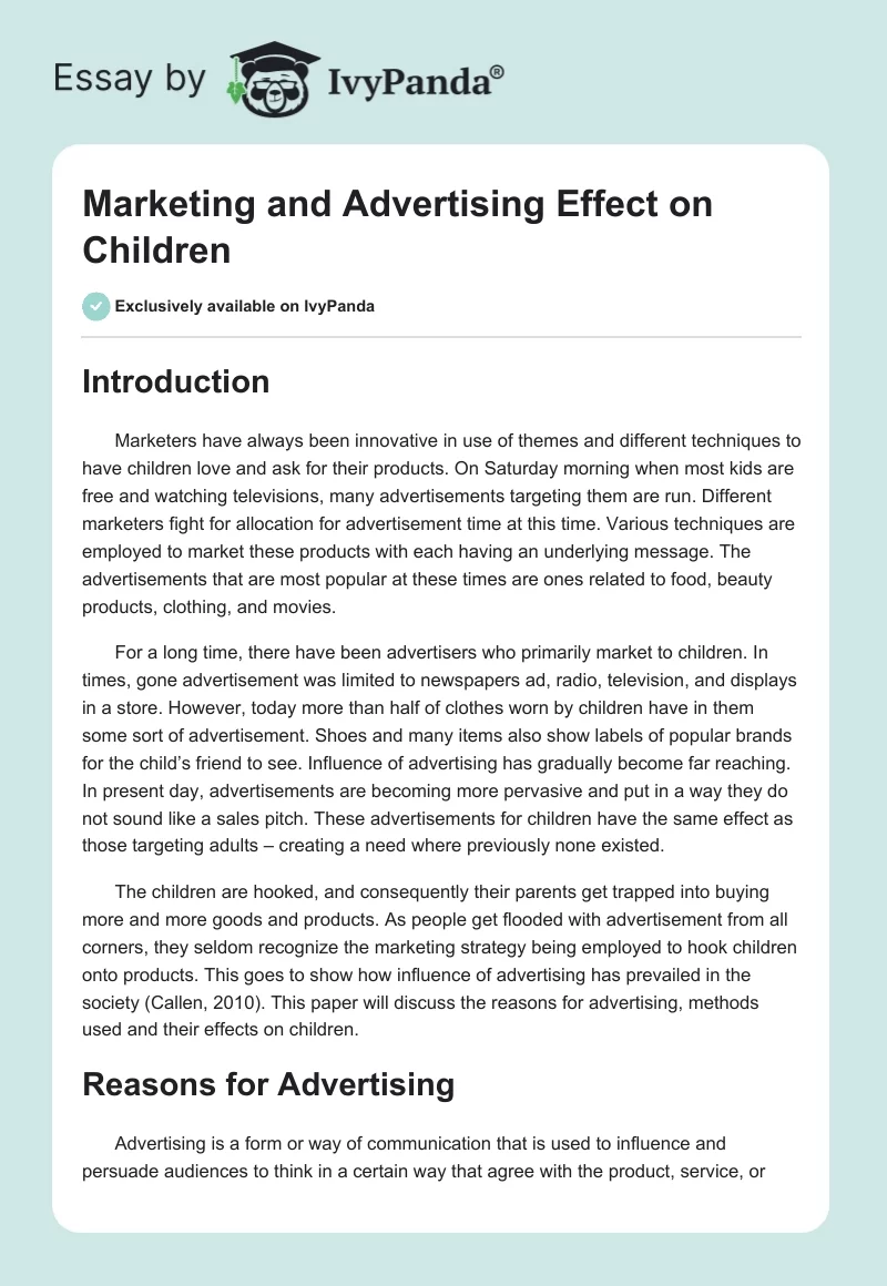 Marketing and Advertising Effect on Children. Page 1