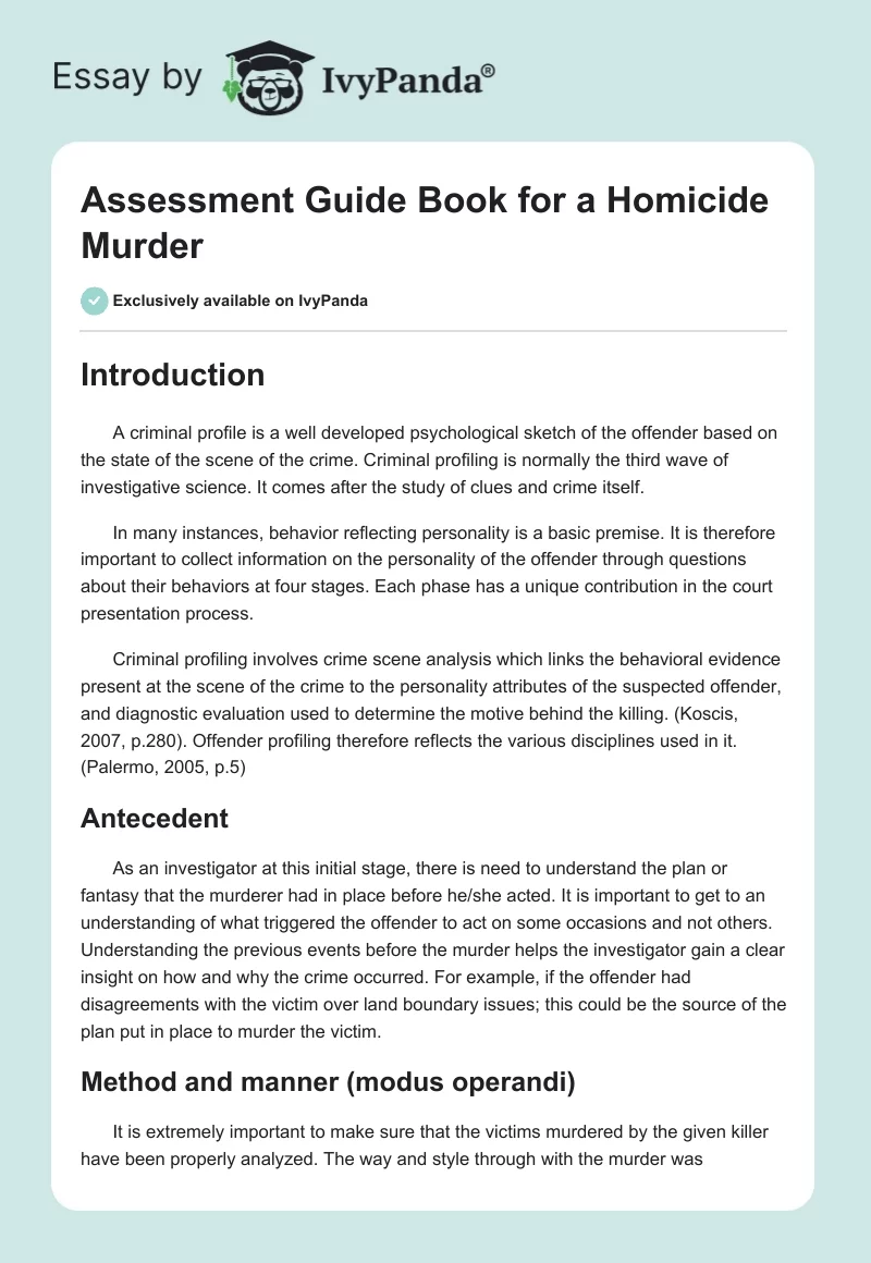 Assessment Guide Book for a Homicide Murder. Page 1