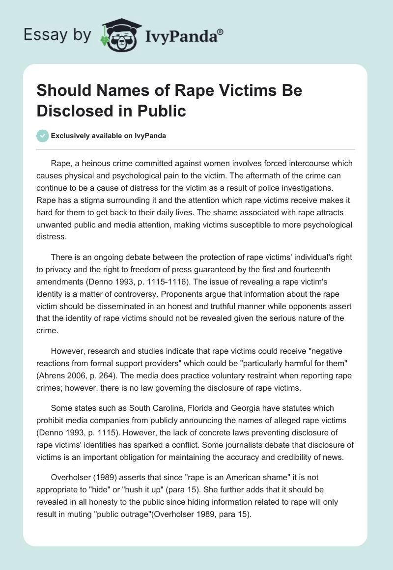 Should Names of Rape Victims Be Disclosed in Public. Page 1