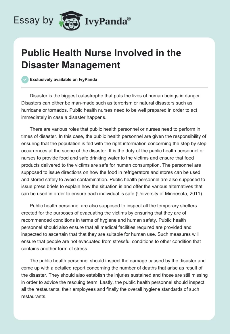 Public Health Nurse Involved in the Disaster Management. Page 1