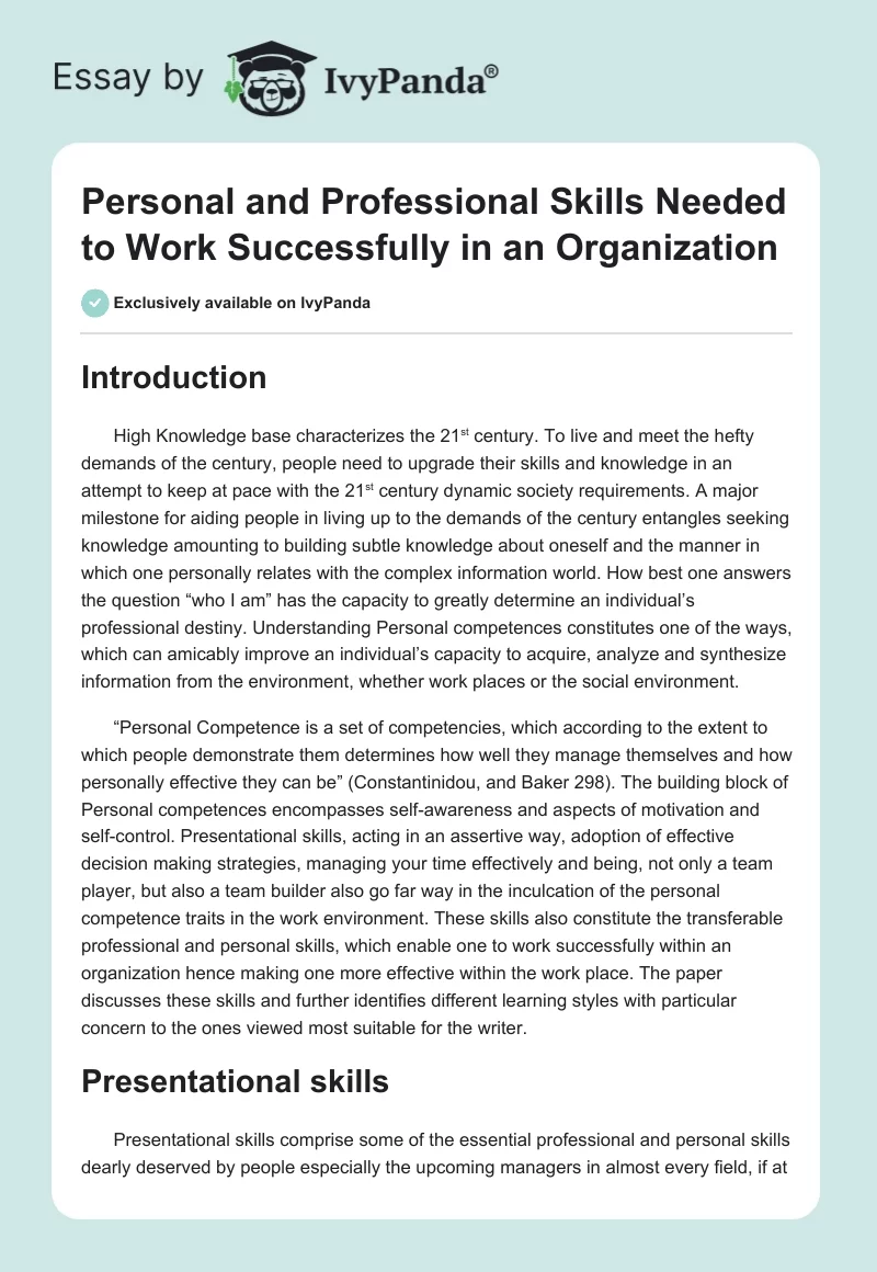 Personal and Professional Skills Needed to Work Successfully in an Organization. Page 1
