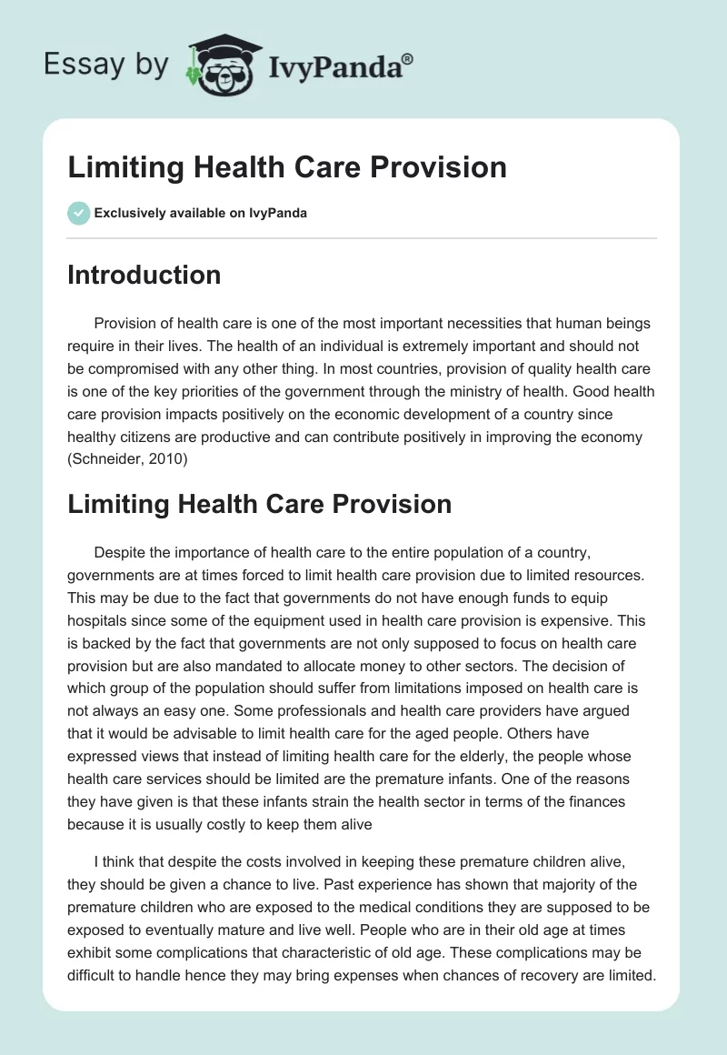 Limiting Health Care Provision. Page 1