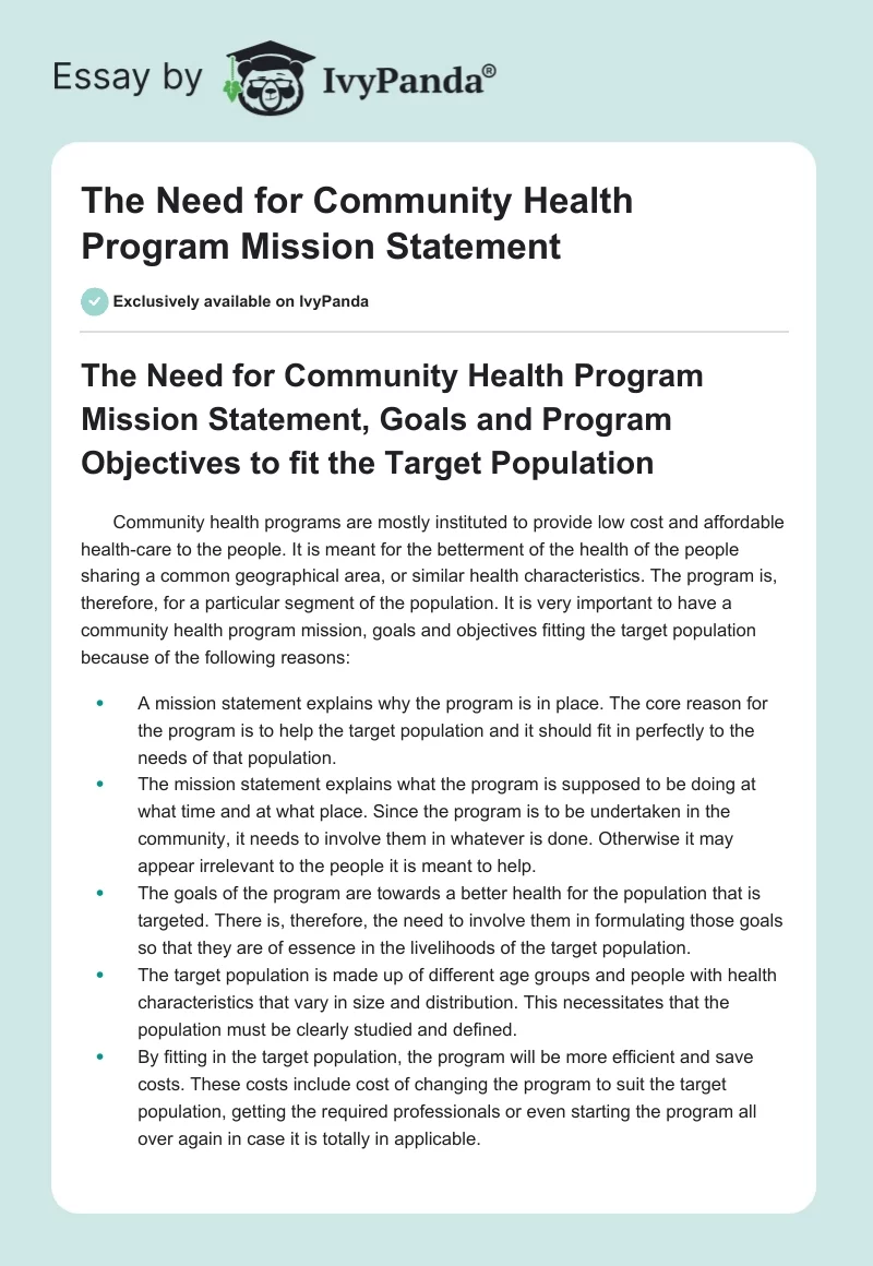 The Need for Community Health Program Mission Statement. Page 1