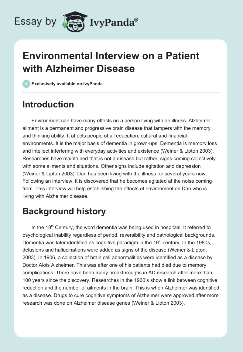 Environmental Interview on a Patient With Alzheimer Disease. Page 1