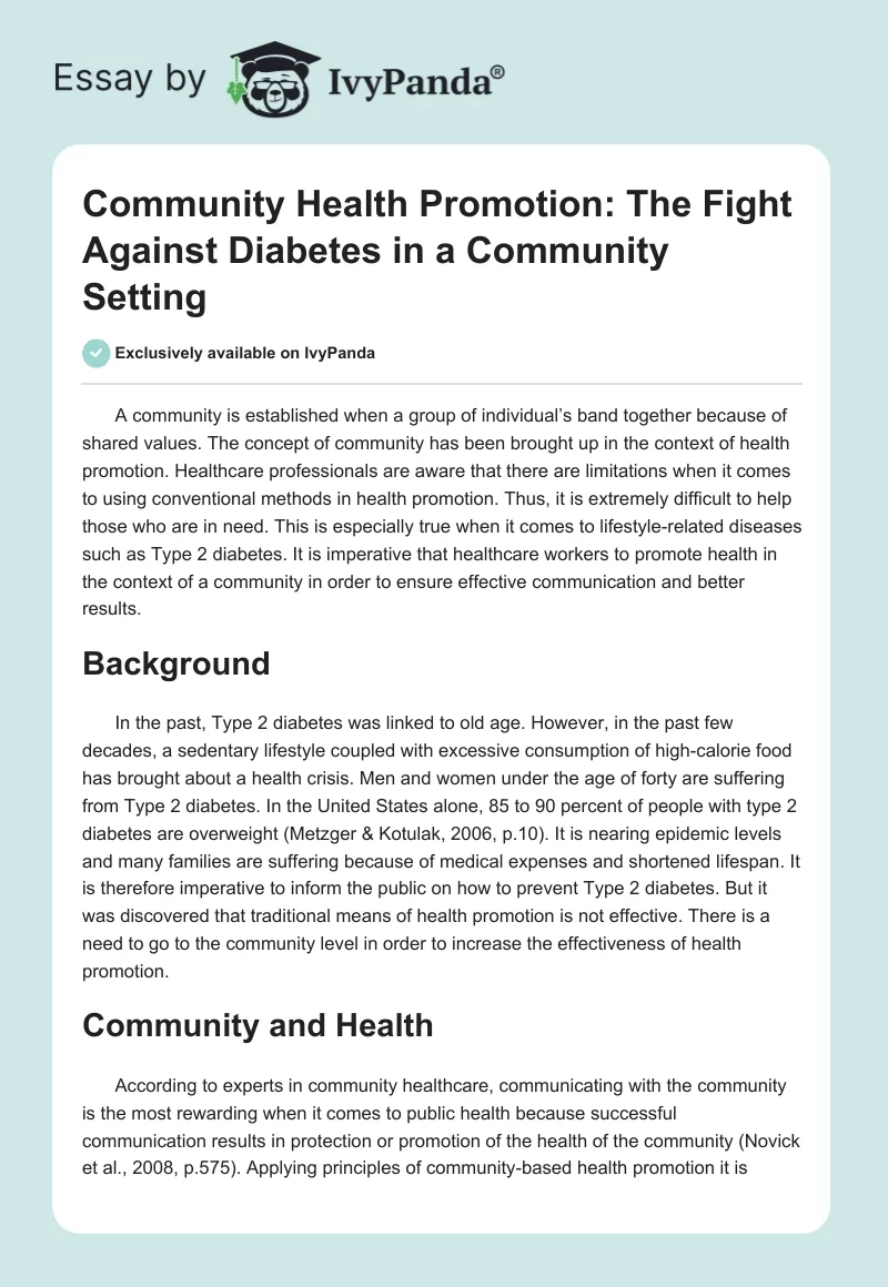 Community Health Promotion: The Fight Against Diabetes in a Community Setting. Page 1