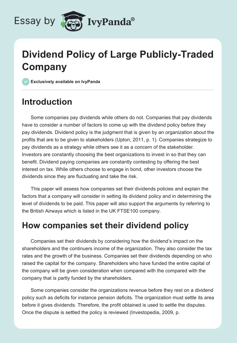 Dividend Policy of Large Publicly-Traded Company. Page 1