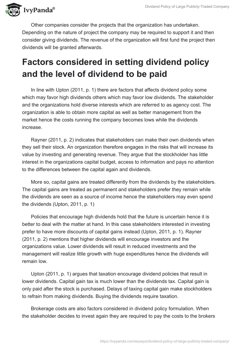 Dividend Policy of Large Publicly-Traded Company. Page 2