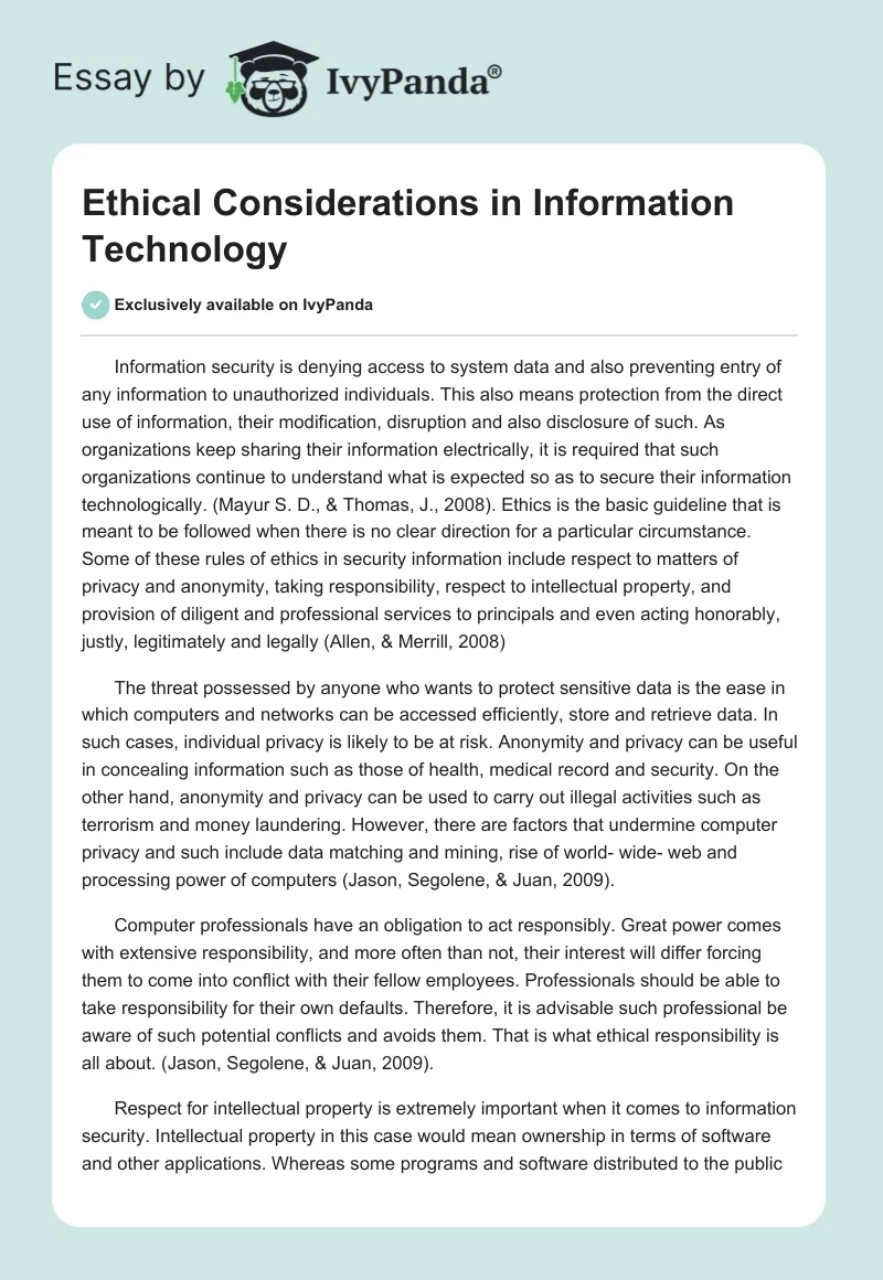 Ethical Considerations in Information Technology. Page 1