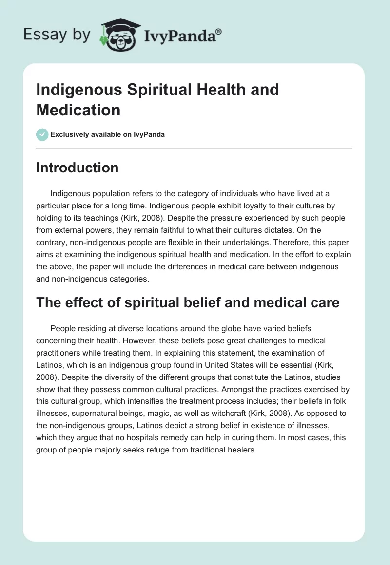 Indigenous Spiritual Health and Medication. Page 1
