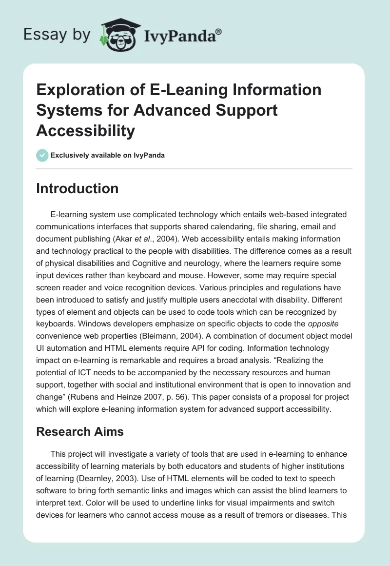 Exploration of E-Leaning Information Systems for Advanced Support Accessibility. Page 1
