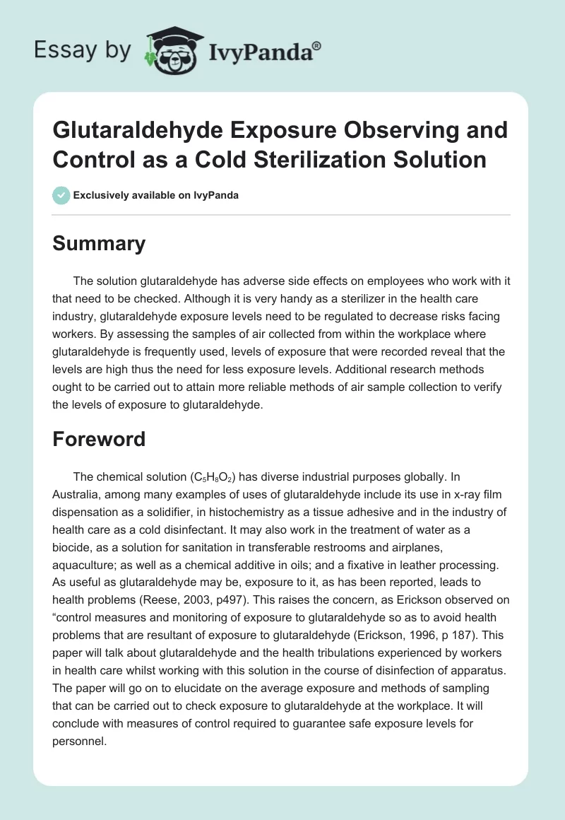 Glutaraldehyde Exposure Observing and Control as a Cold Sterilization Solution. Page 1