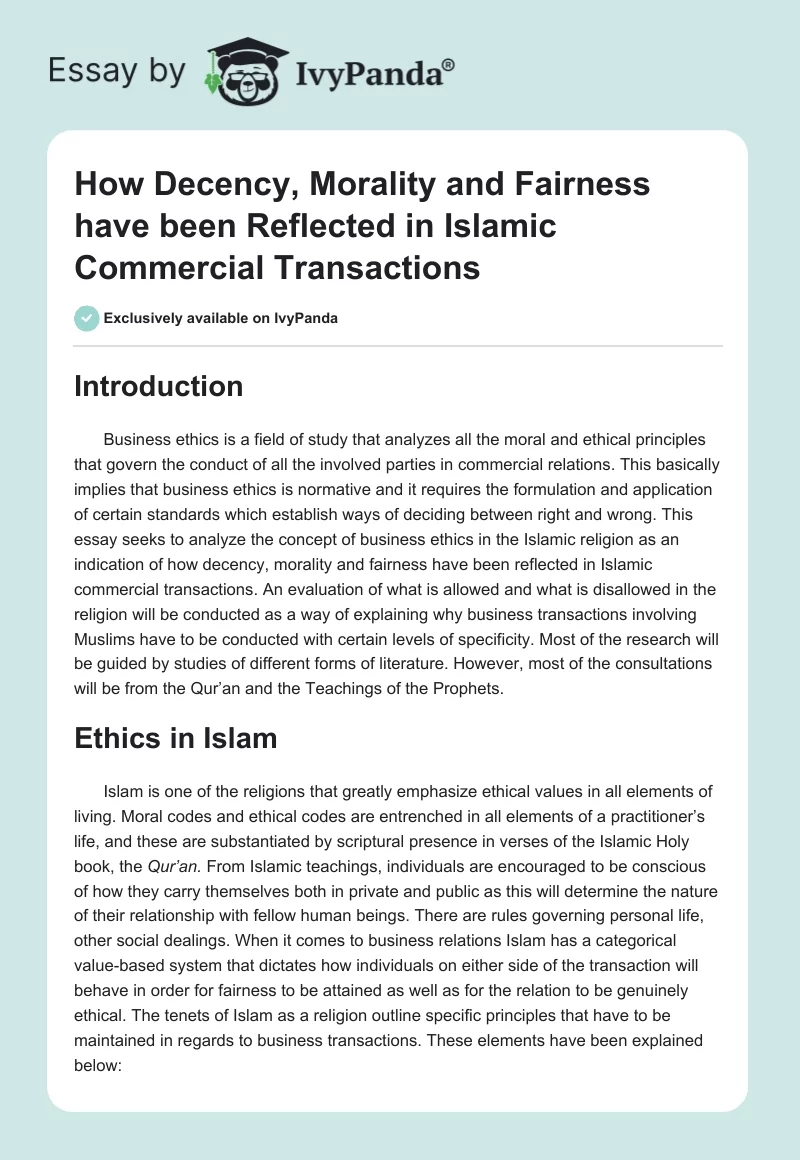 How Decency, Morality and Fairness Have Been Reflected in Islamic Commercial Transactions. Page 1