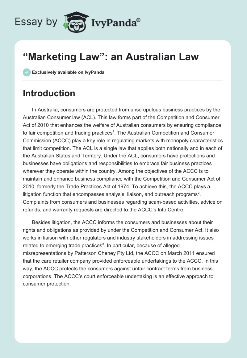 “Marketing Law”: an Australian Law. Page 1