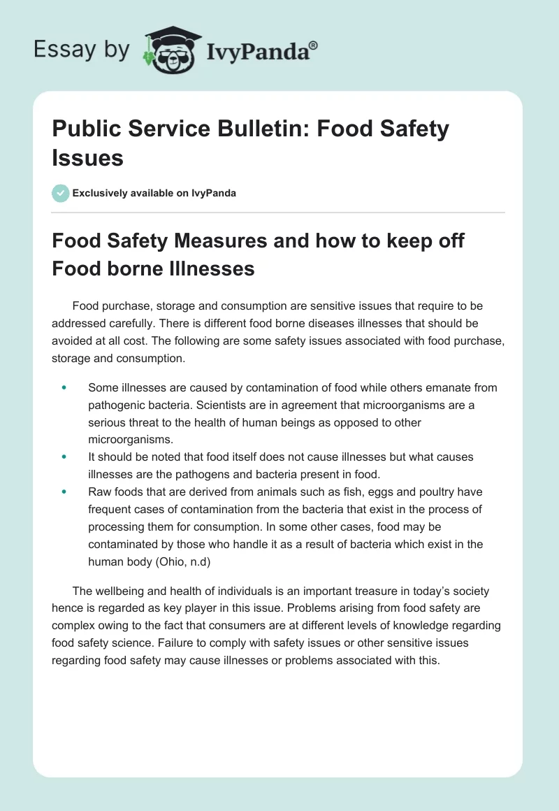 Public Service Bulletin: Food Safety Issues. Page 1