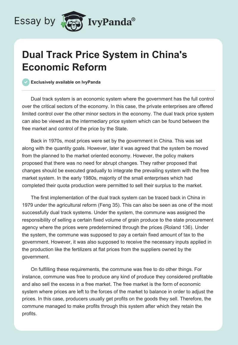 Dual Track Price System in China's Economic Reform. Page 1