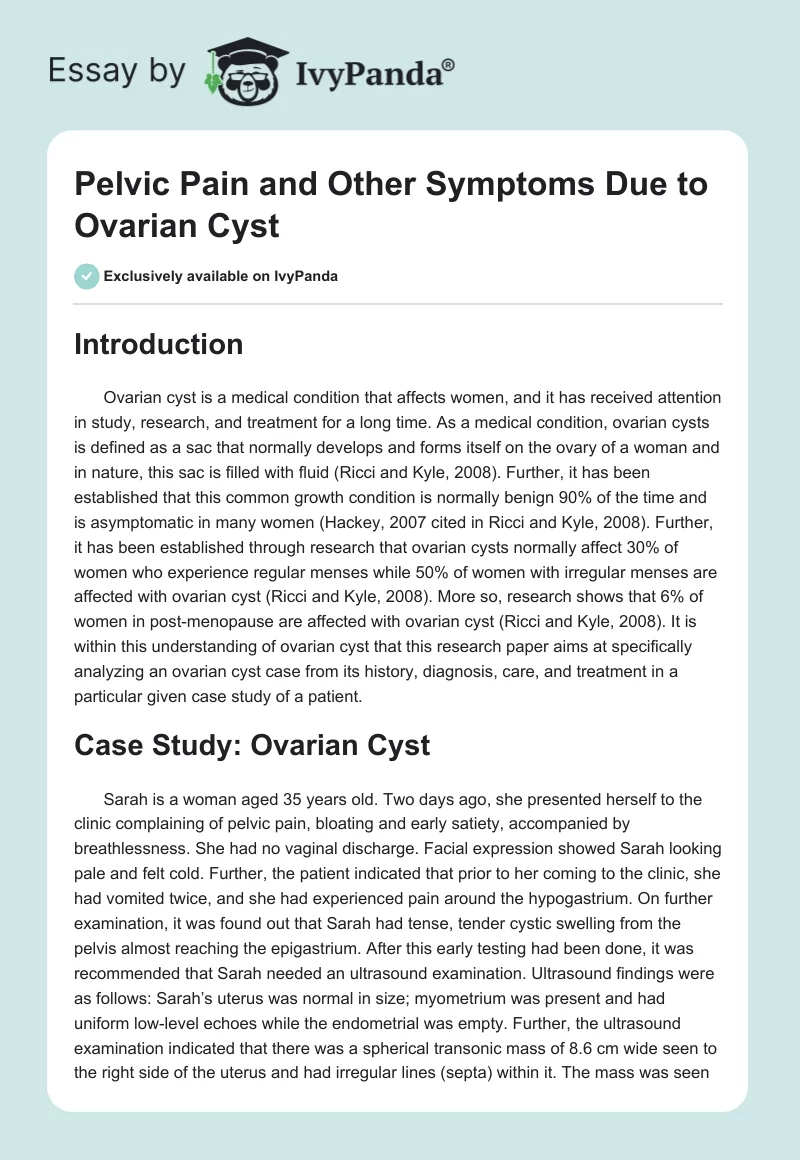 Pelvic Pain and Other Symptoms Due to Ovarian Cyst. Page 1