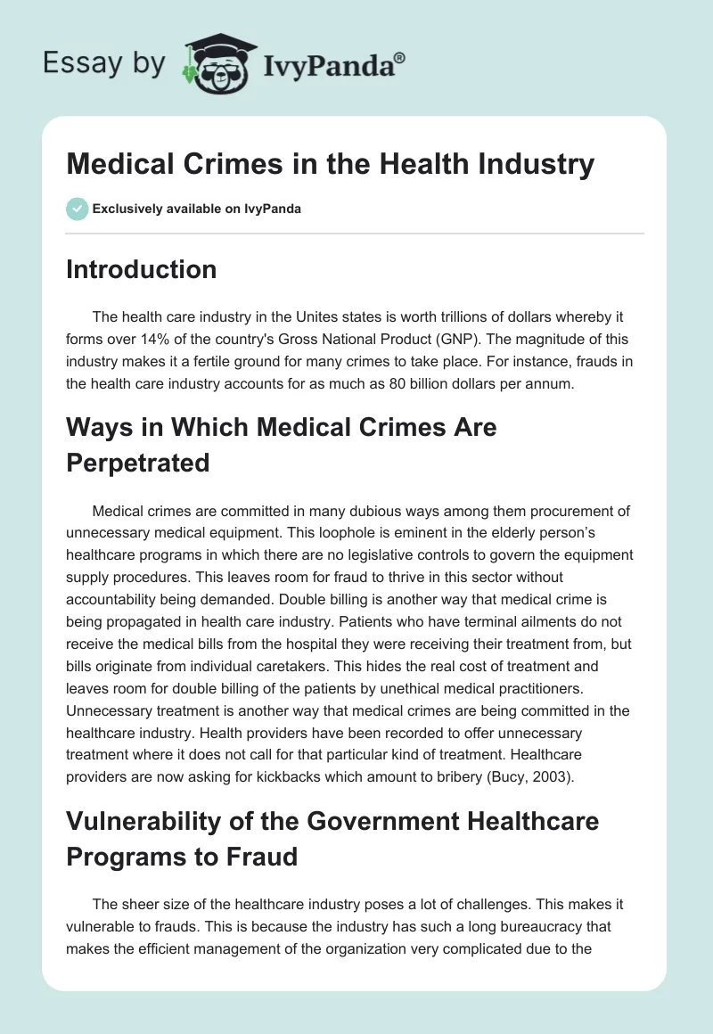 Medical Crimes in the Health Industry. Page 1