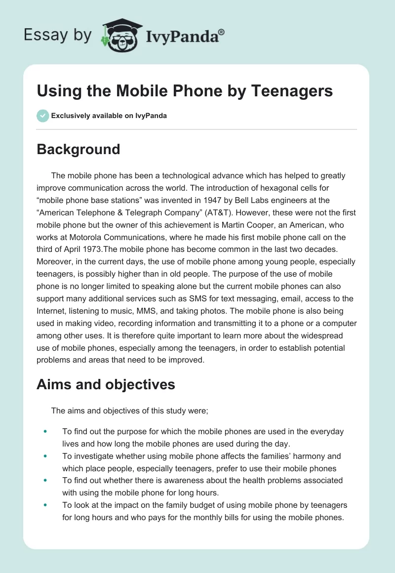 Using the Mobile Phone by Teenagers. Page 1