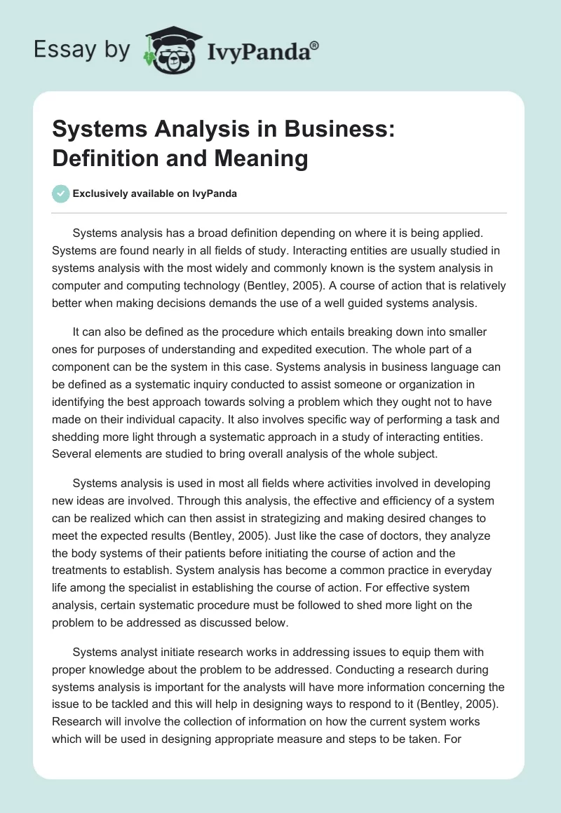 Systems Analysis in Business: Definition and Meaning. Page 1