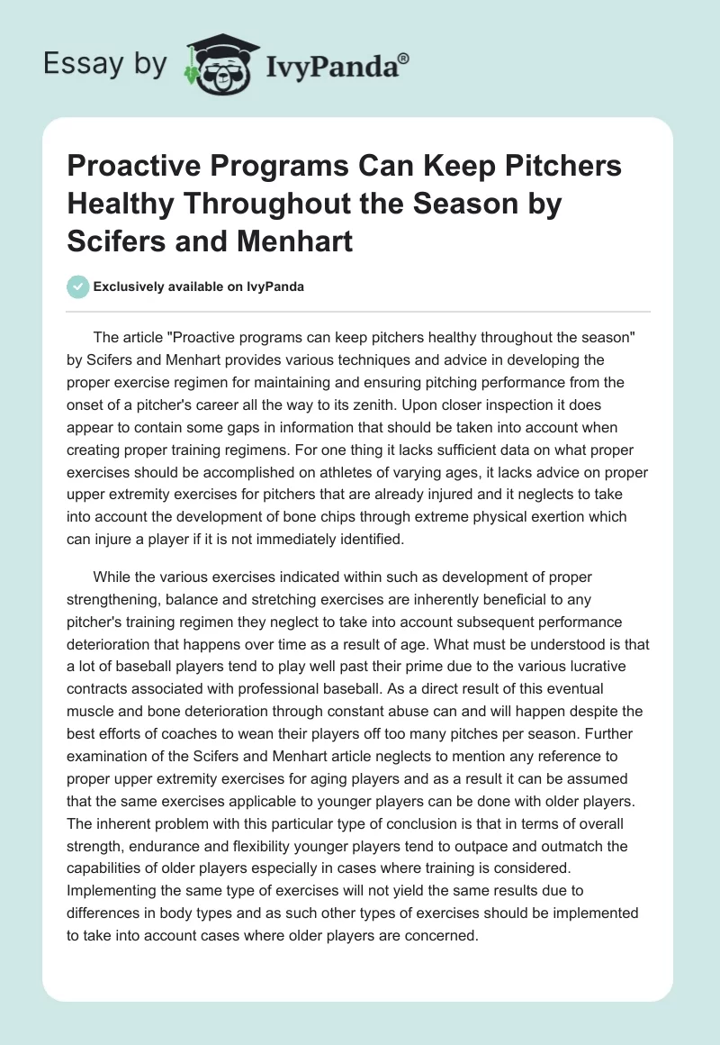 "Proactive Programs Can Keep Pitchers Healthy Throughout the Season" by Scifers and Menhart. Page 1