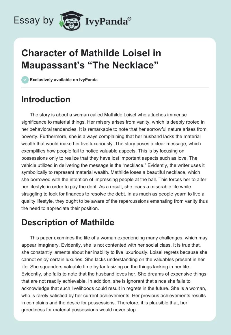 Character of Mathilde Loisel in Maupassant’s “The Necklace”. Page 1