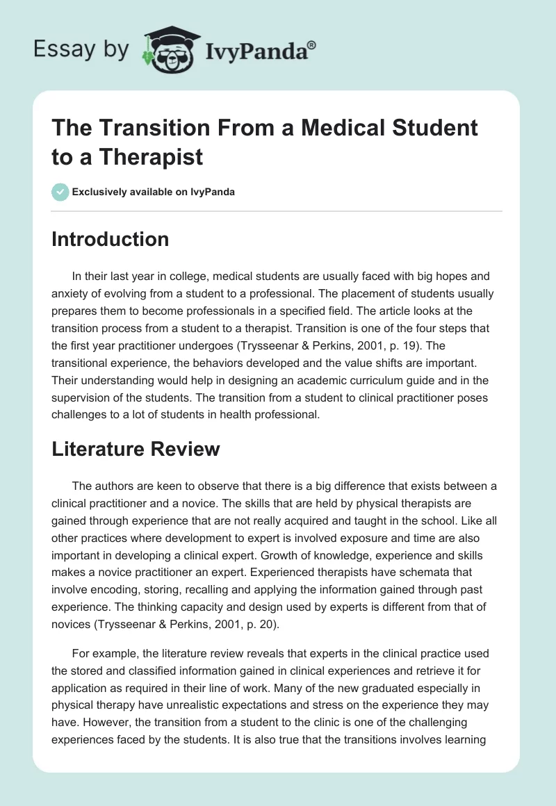 The Transition From a Medical Student to a Therapist. Page 1