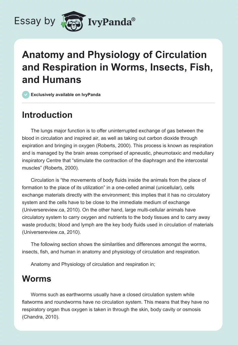 Anatomy and Physiology of Circulation and Respiration in Worms, Insects, Fish, and Humans. Page 1
