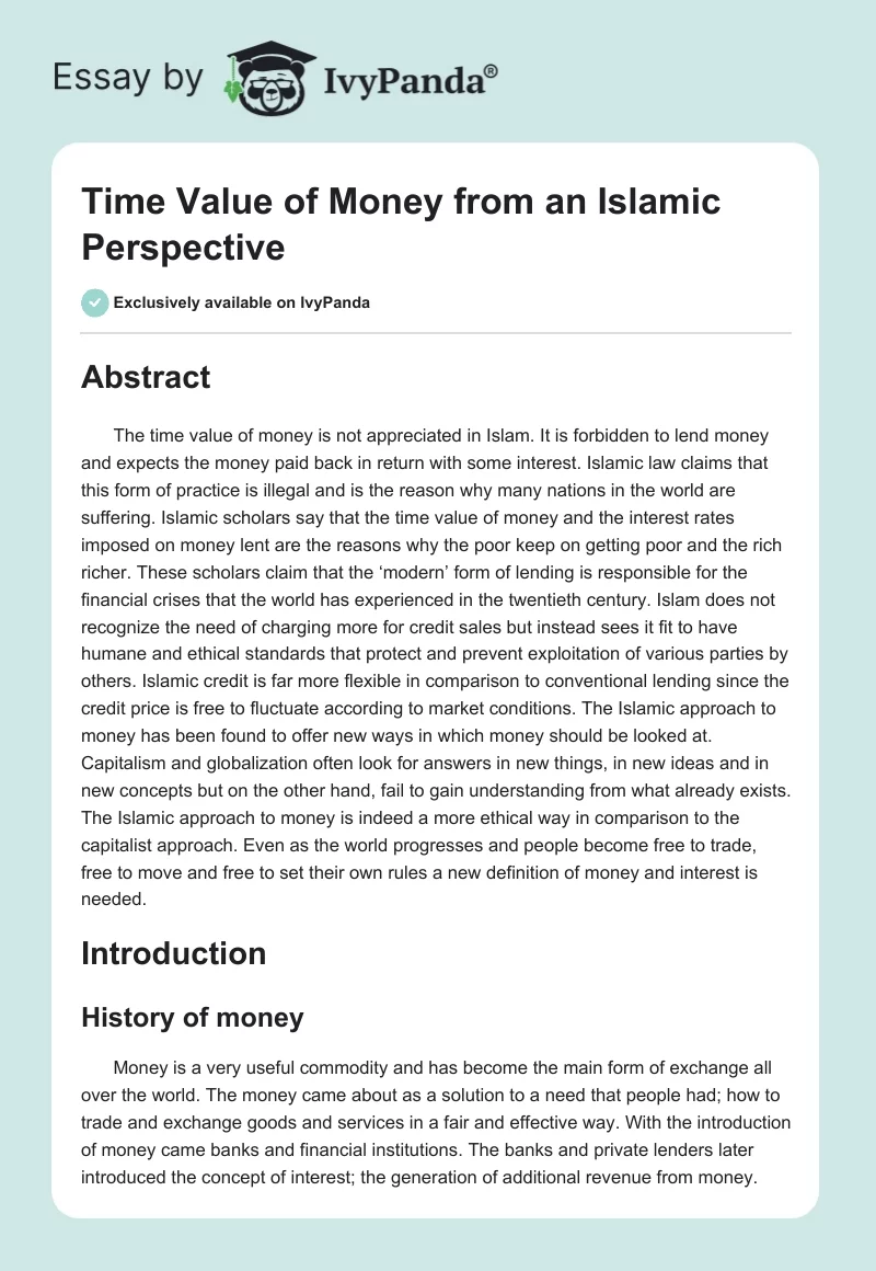 Time Value of Money From an Islamic Perspective. Page 1