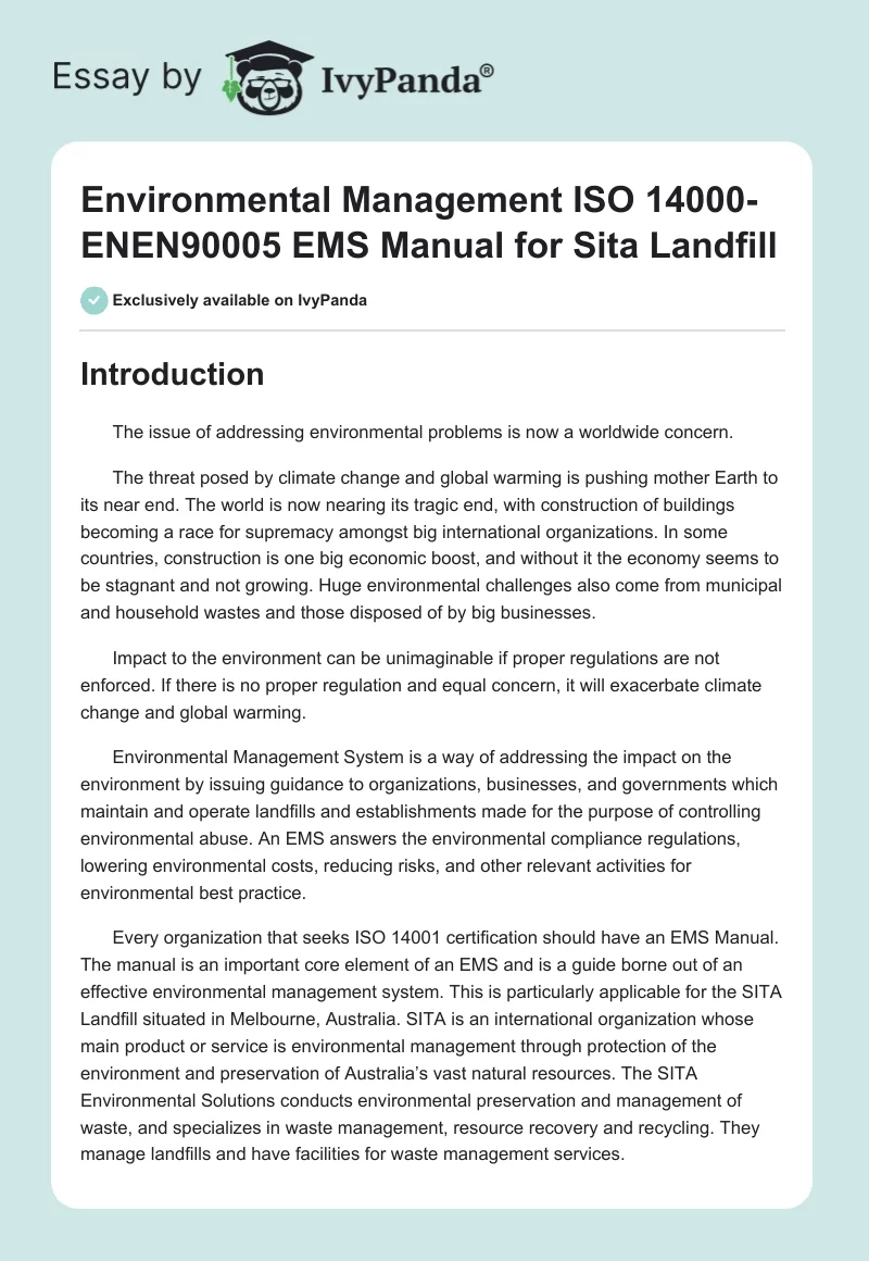 Environmental Management ISO 14000- ENEN90005 EMS Manual for Sita Landfill. Page 1