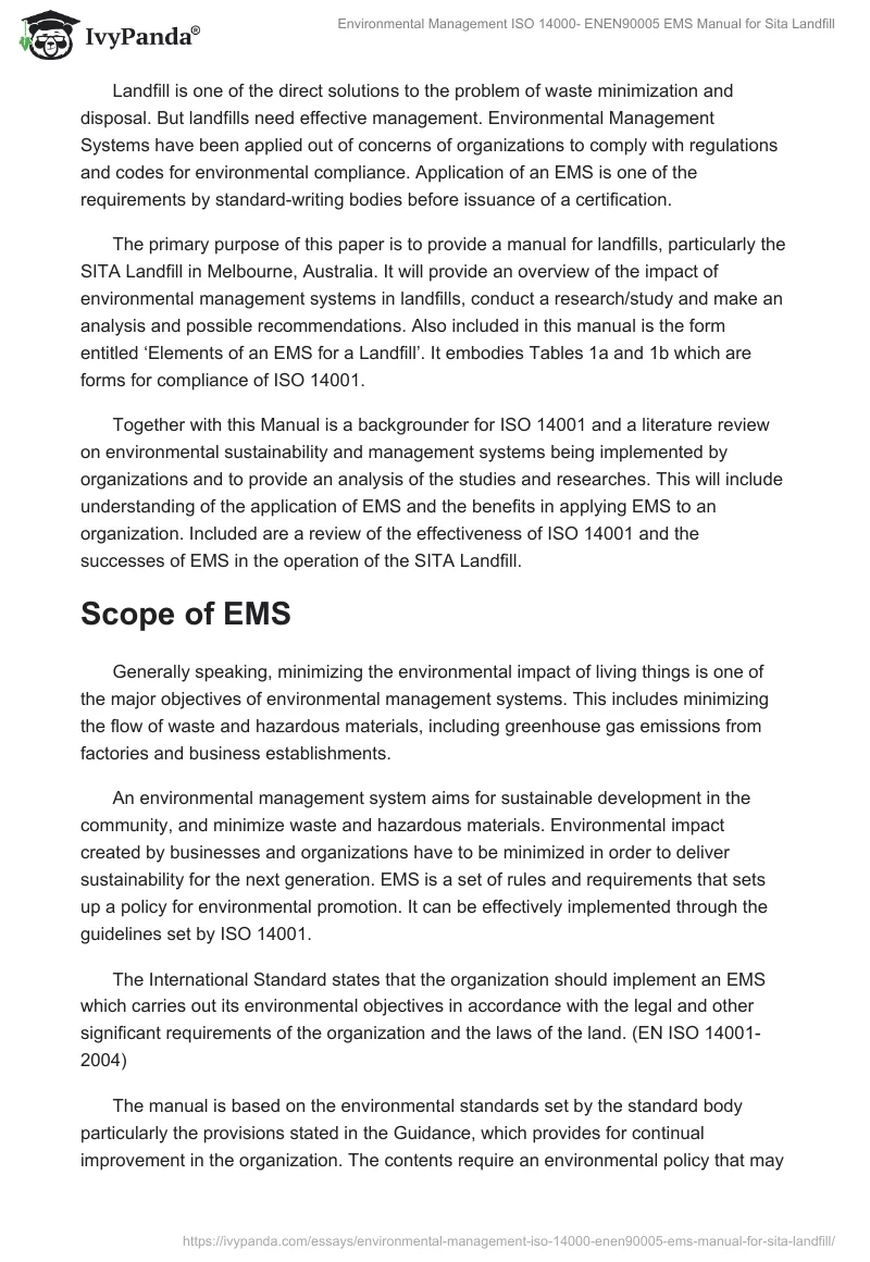 Environmental Management ISO 14000- ENEN90005 EMS Manual for Sita Landfill. Page 2