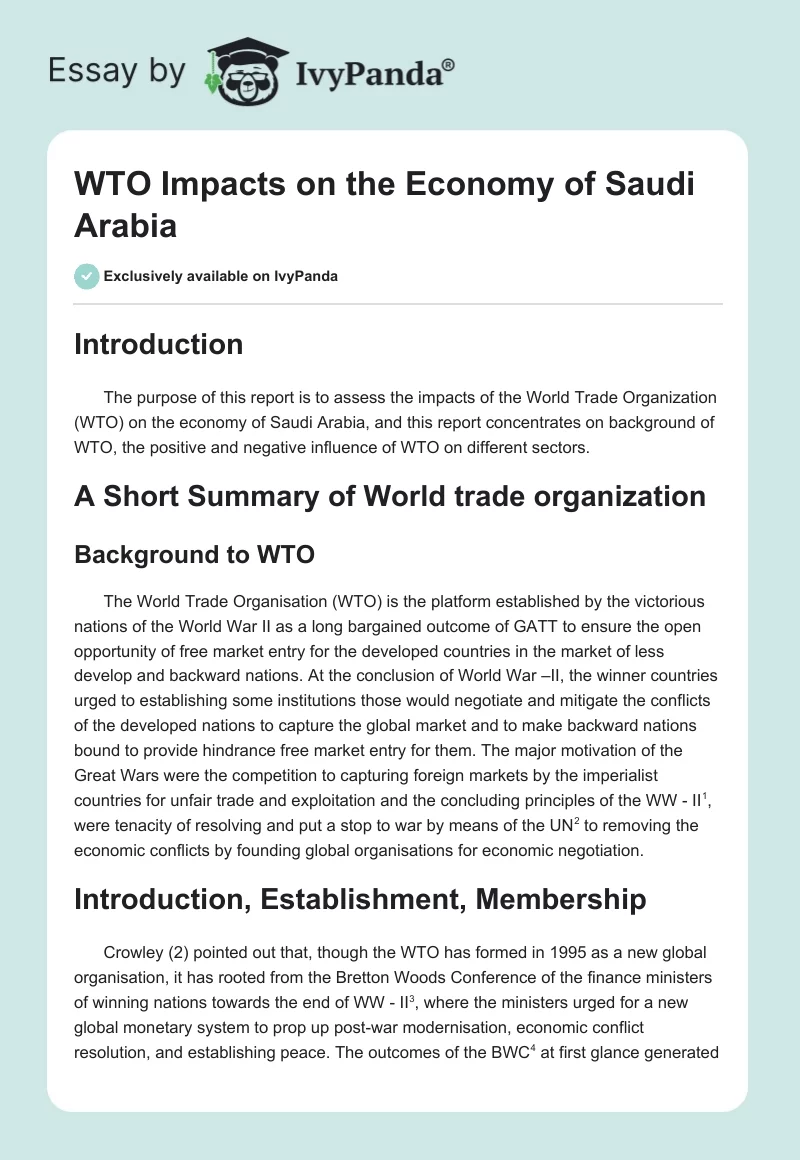 WTO Impacts on the Economy of Saudi Arabia. Page 1