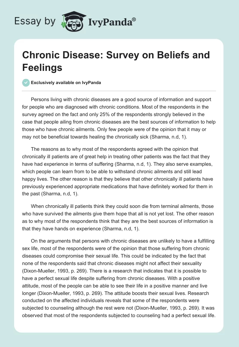 Chronic Disease: Survey on Beliefs and Feelings. Page 1