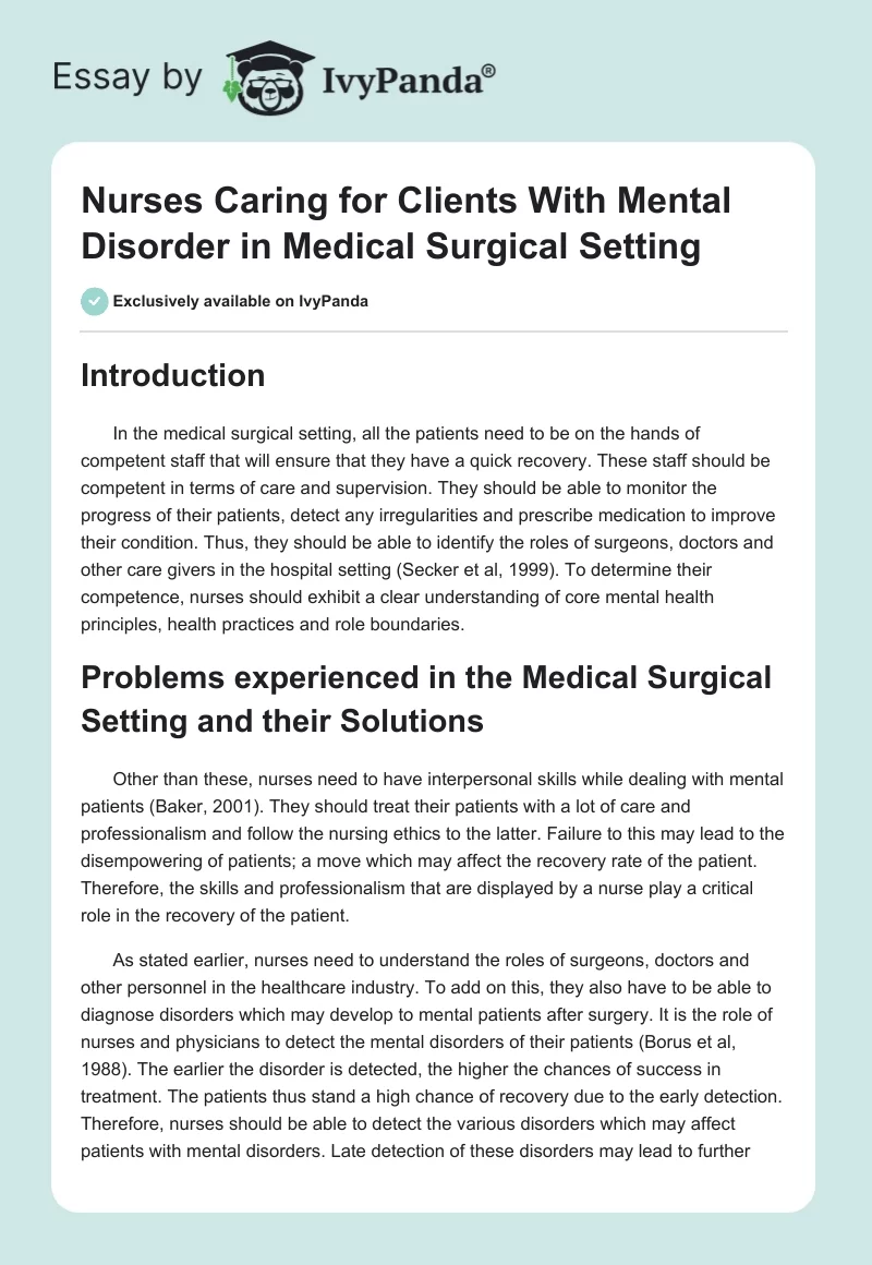 Nurses Caring for Clients With Mental Disorder in Medical Surgical Setting. Page 1