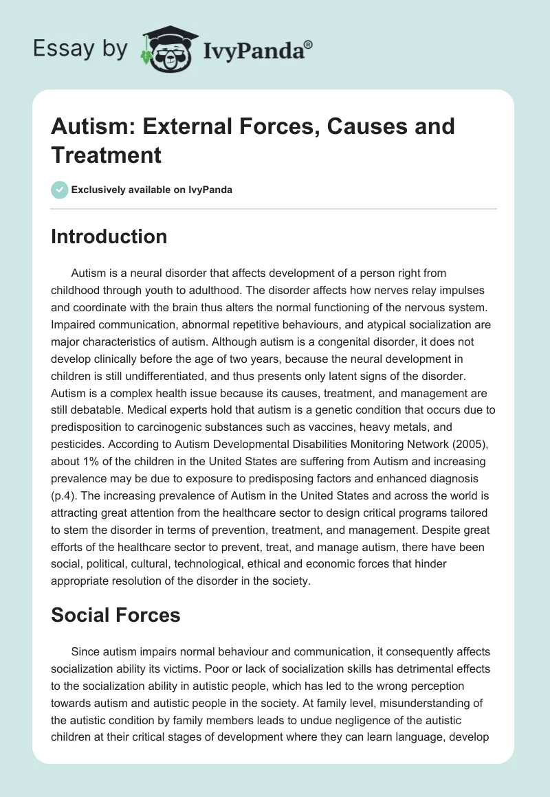 Autism: External Forces, Causes and Treatment. Page 1