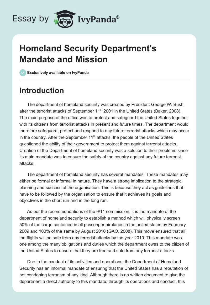 Homeland Security Department's Mandate and Mission. Page 1